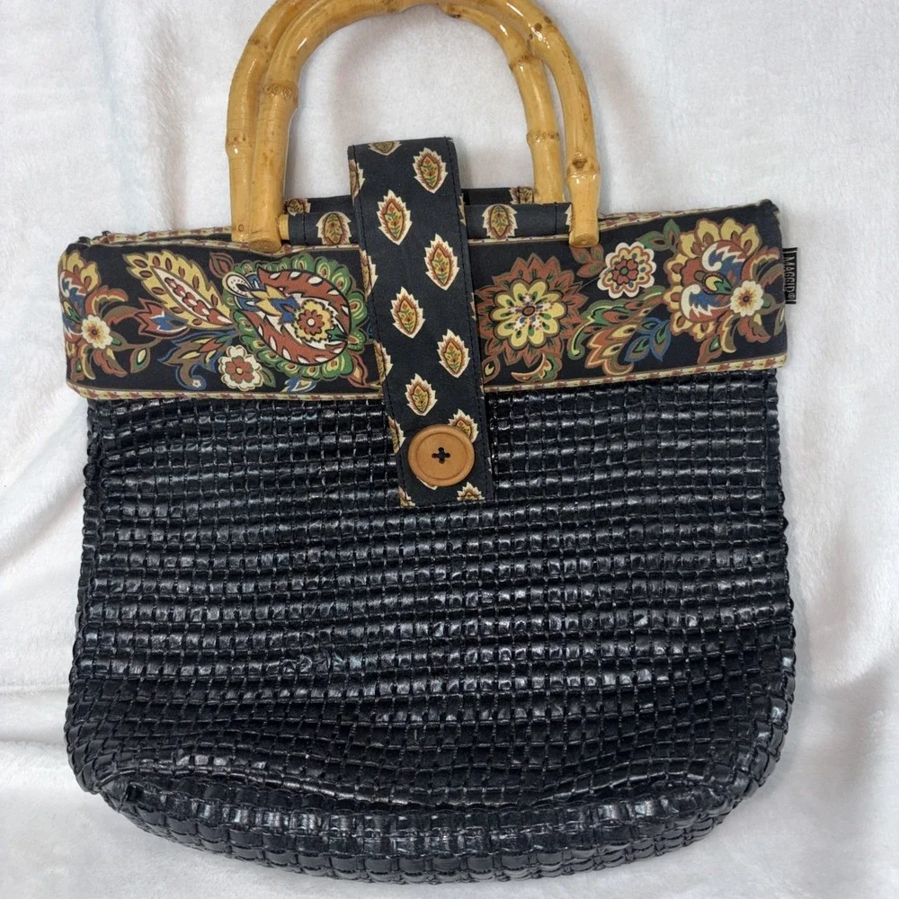 Vintage 90s Black Maggi‎ B Purse Woven Bamboo Handles Grannycore Cottagecore GUC